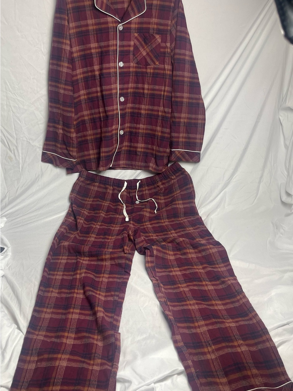 Men's Burgundy Plaid Cotton Pajama Set with Contrast Piping